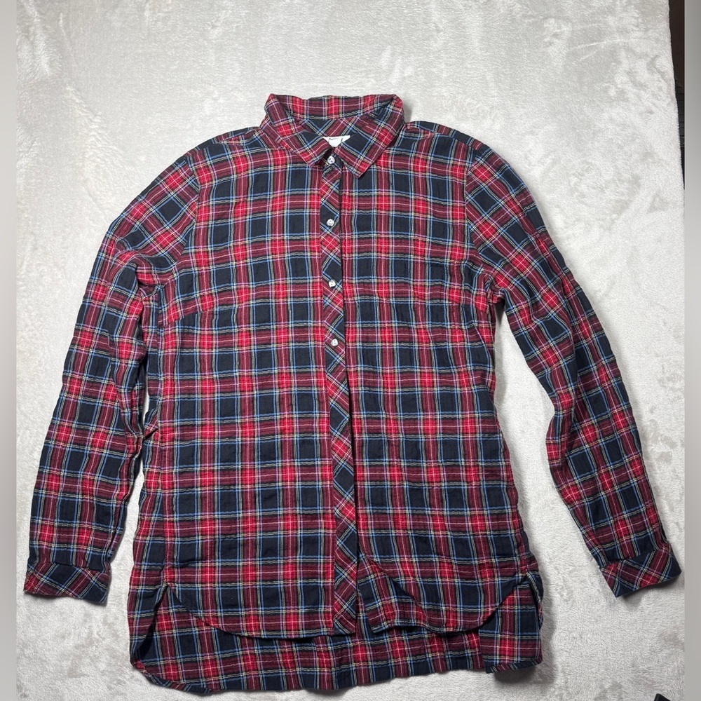 J. Jill Plaid Red Black Button Down Collared Tie Back Tunic Blouse Size Medium